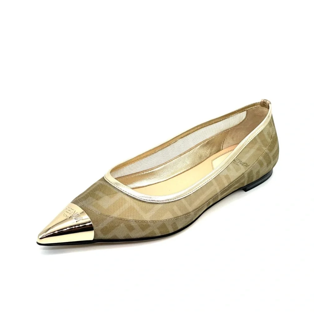 FENDI Colibri Ballerina FF Logo Mesh Pointed Cap Toe Ballet Flats Shoes